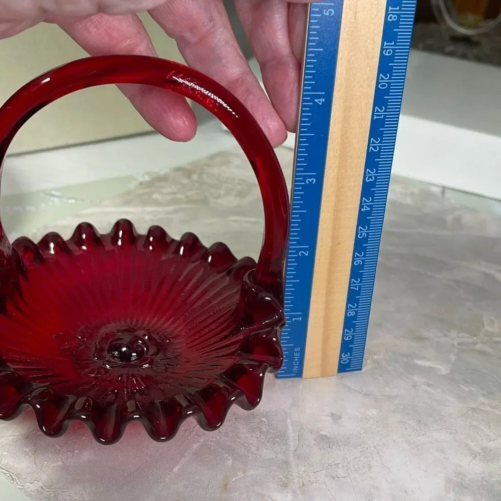 Vintage Fenton Ruby Red thumbprint basket with rose bottom signed